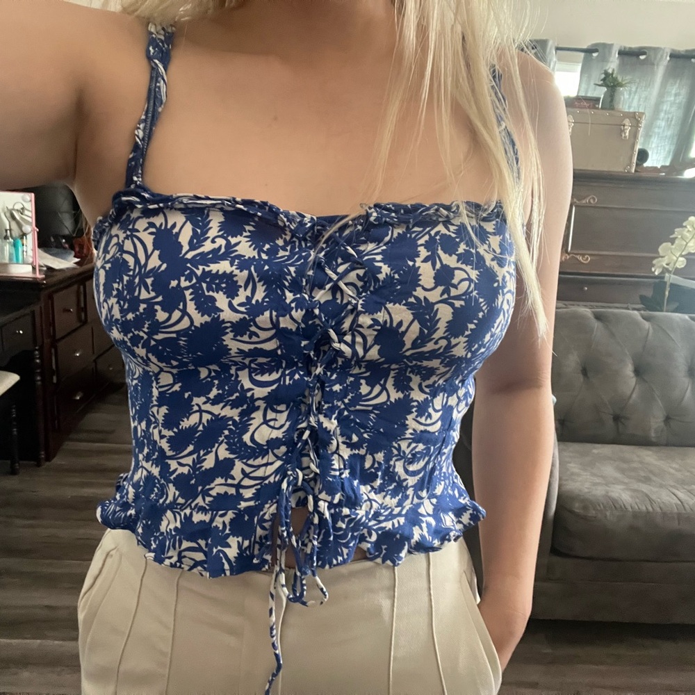 Zara Blue White Floral Lace Up Corset Crop Top Ruffle‎ Cami Small